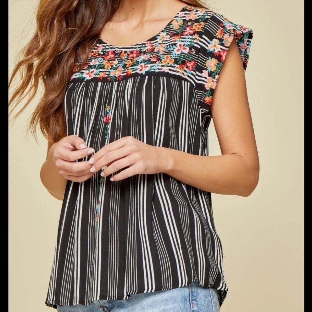 Savanna Jane Flutter Sleeve Striped & Embroidered Top